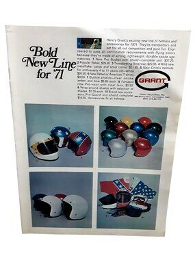 1971 Vintage Racing Garage Decor Grant Helmet Wall Art Advertisement